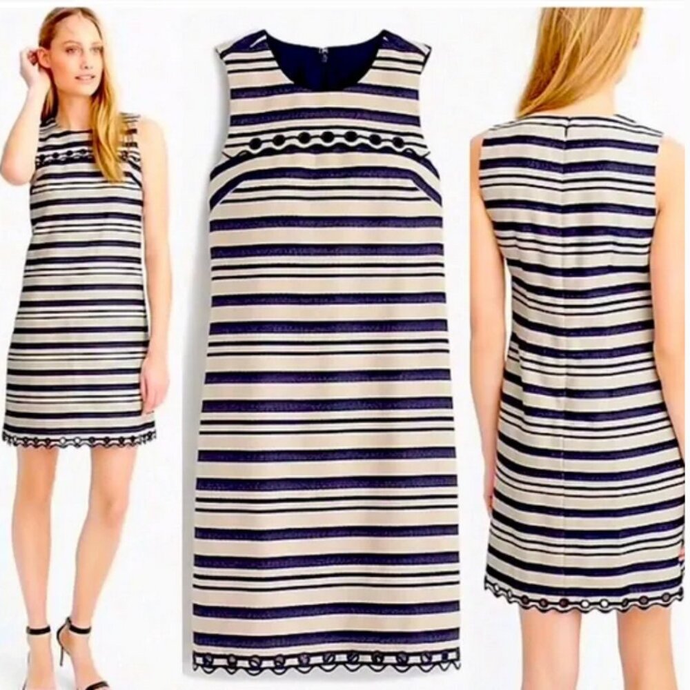 J.CREW Striped & Scalloped Dress, Navy Blue & Cream, Women's Size 4 Tall